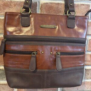 Stone Mountain Brown Two-Tone Leather Shoulder Bag W/Multiple Zipper Compartment